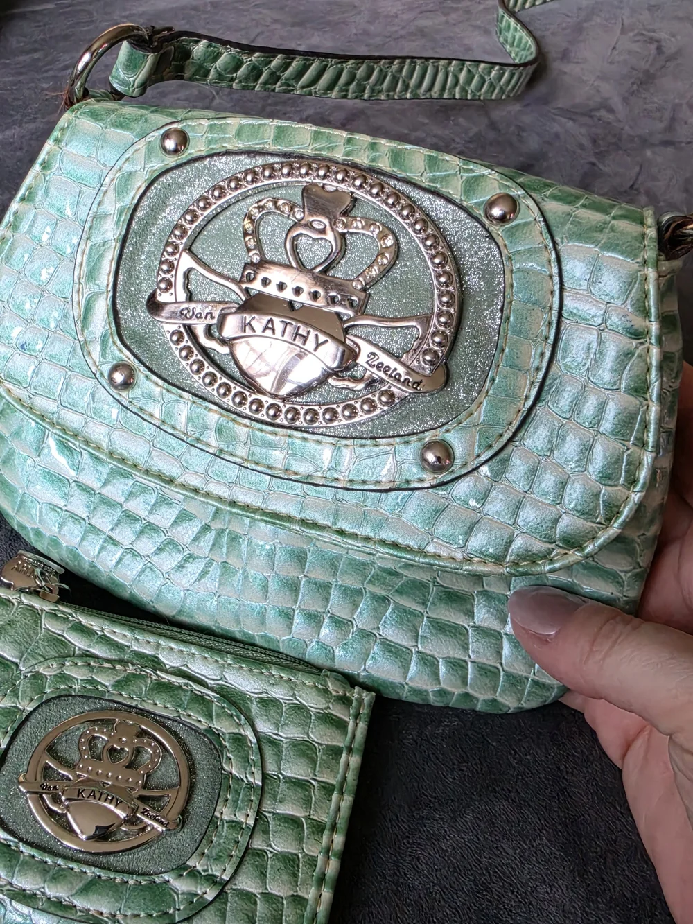 Kathy Van Zeeland Mint Green Croc-Embossed Crossbody with Card Holder
